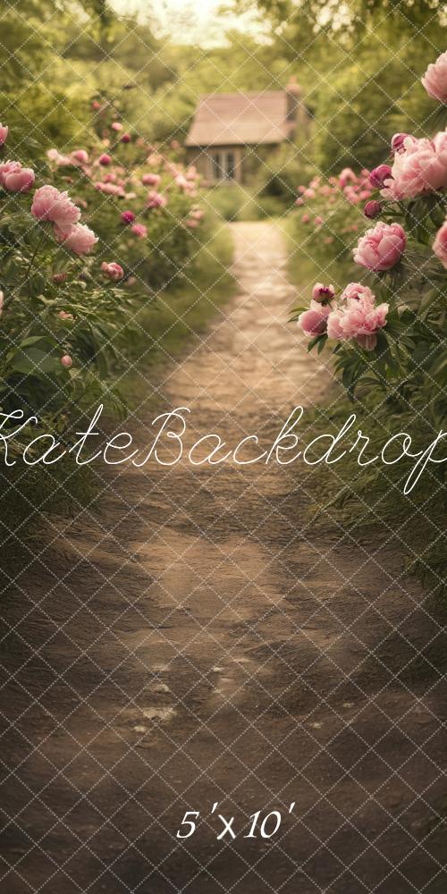Kate Sweep Mur-à-Sol Fleurs Campagne Maison Chemin Toile de fond conçue par Lidia Redekopp - Kate Backdrop FR
