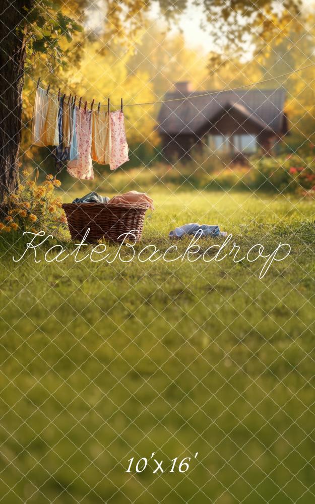 Fond en tissu Kate Sweep Mur-à-Sol Printemps avec décor champêtre et maison en arrière-plan. Parfait pour séances photo professionnelles.