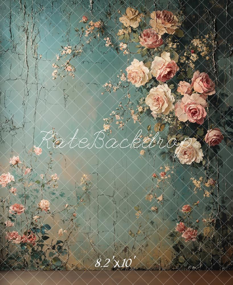 Kate Beaux-arts Vintage Floral Mur Bleu Toile de fond conçue par Emetselch - Kate Backdrop FR