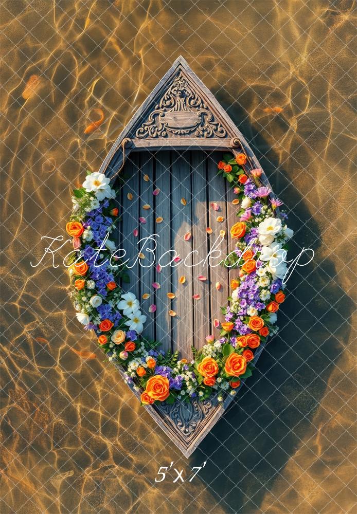 Kate Été Fleurs Bateau en Bois Lac Toile de fond conçue par Laura Bybee - Kate Backdrop FR