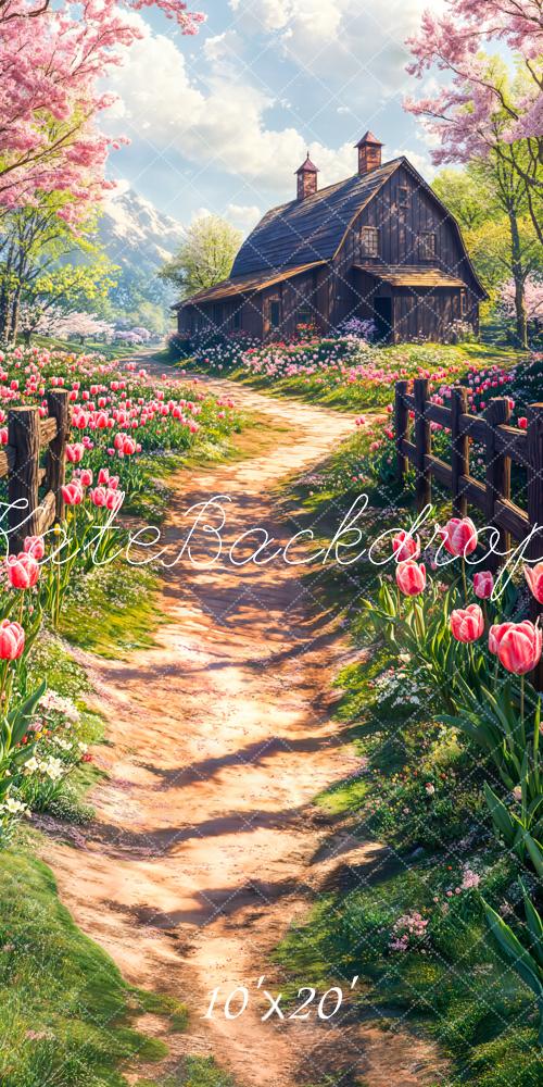 Kate Printemps Chalet Fleurs Tulipe Allée Toile de fond conçue par Chain Photographie - Kate Backdrop FR