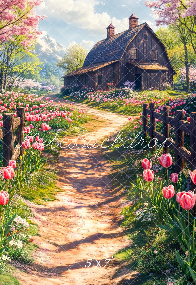 Kate Printemps Chalet Fleurs Tulipe Allée Toile de fond conçue par Chain Photographie - Kate Backdrop FR