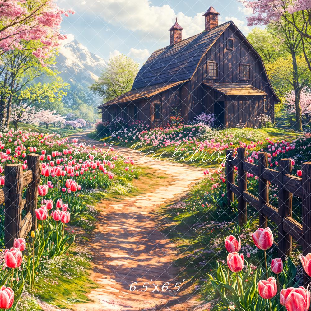 Kate Printemps Chalet Fleurs Tulipe Allée Toile de fond conçue par Chain Photographie - Kate Backdrop FR