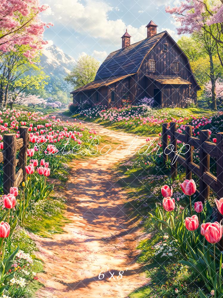 Kate Printemps Chalet Fleurs Tulipe Allée Toile de fond conçue par Chain Photographie - Kate Backdrop FR