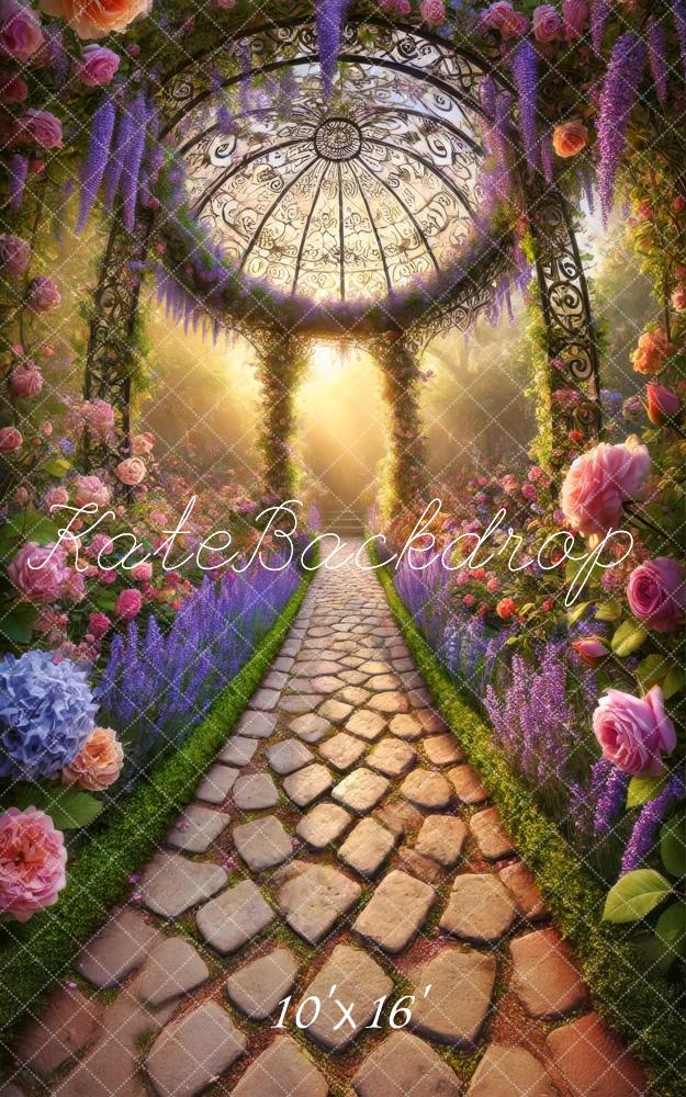 Kate Sweep Mur-à-Sol Jardin Fleurs Pavillon Chemin Toile de fond conçue par Lidia Redekopp - Kate Backdrop FR