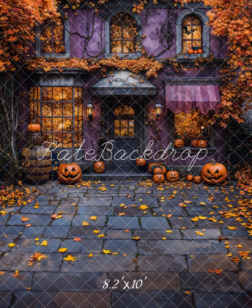 Kate Halloween Chalet Citrouille Feuilles Toile de fond conçue par Emetselch - Kate Backdrop FR
