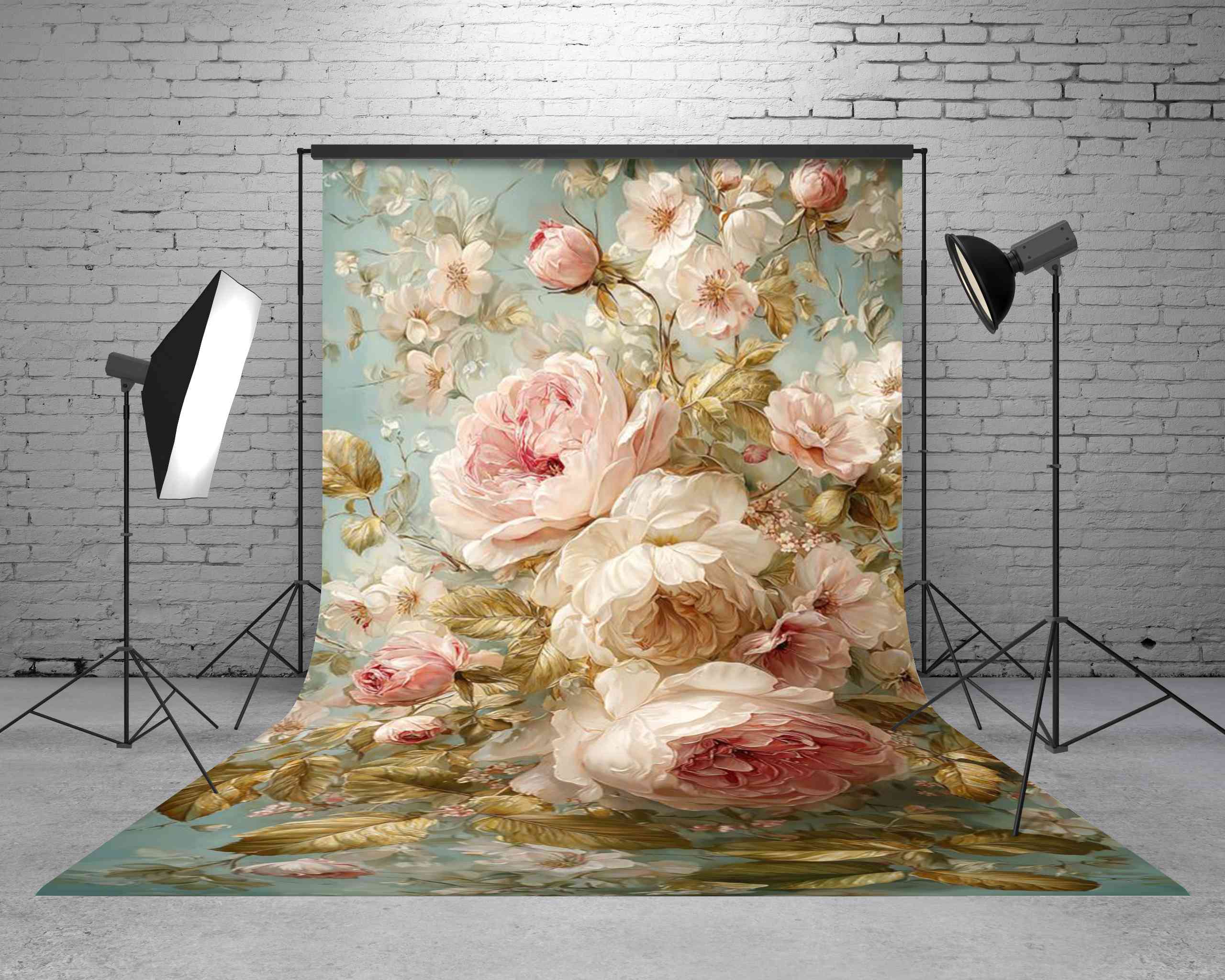 Kate Sweep Mur-à-Sol Fleurs Roses Vintage Bleu Toile de fond conçue par Emetselch