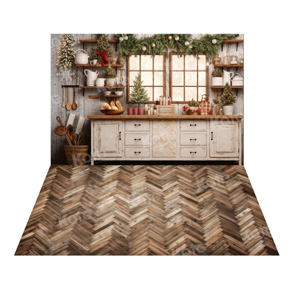 Kate Noël Cuisine Mur en bois Fenêtre Toile de fond+Marbre Bois Sol Brun Plancher Toile de fond - Kate Backdrop FR