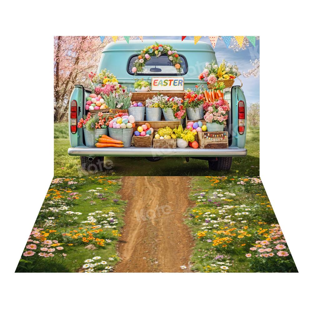 Kate Pâques Camion Printemps Vert Plante Toile de fond+Fleurs Champ Chemin Sol Toile de fond