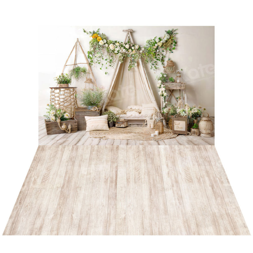 Kate Bohème Plante verte Canapé Chambre Toile de fond+Grain vertical Sol en Bois Toile de fond - Kate Backdrop FR