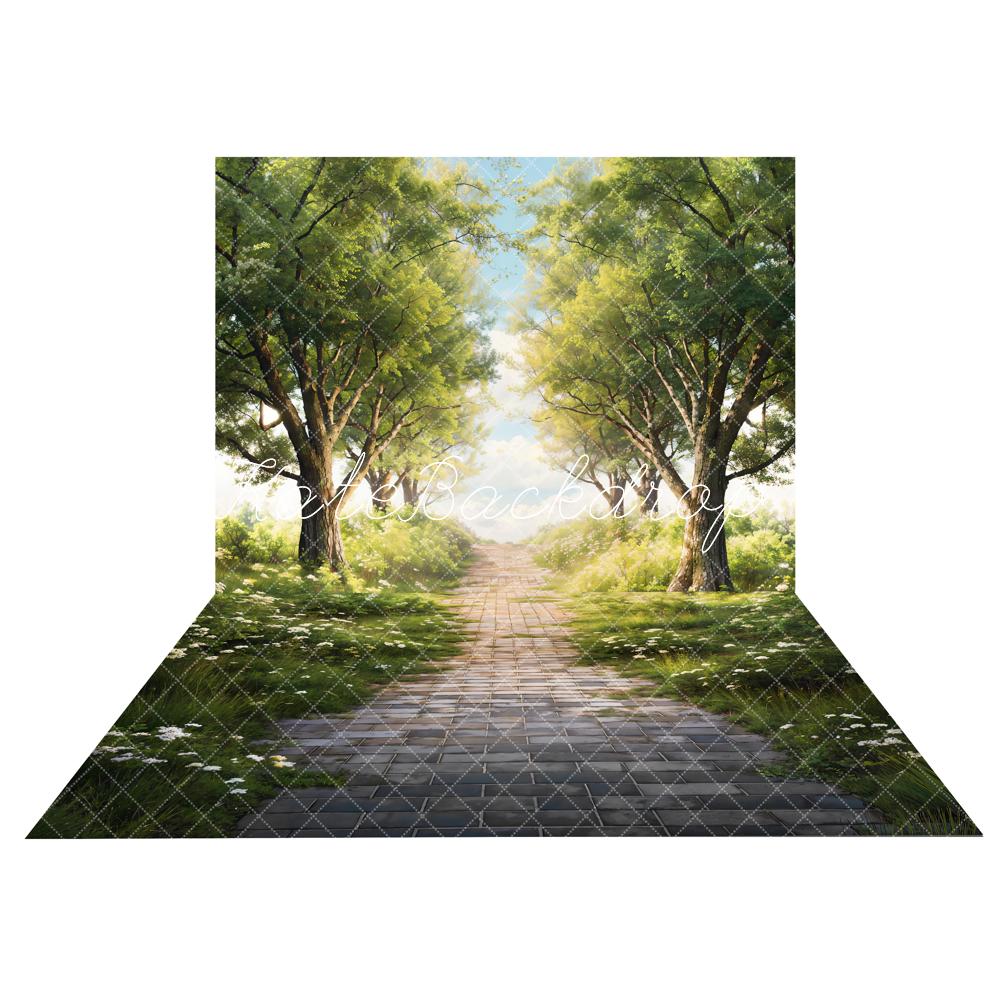 Kate Printemps Arbres Vert Herbe Chemin Toile de fond+Printemps Herbe Route en briques Sol Toile de fond - Kate Backdrop FR