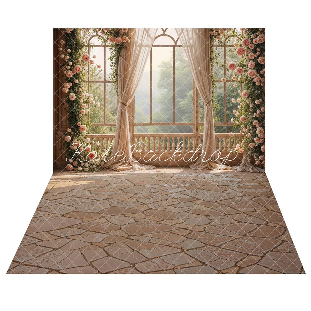 Kate Printemps Fleurs Mariage Fenêtre Rideaux Toile de fond+Pierre Intérieur Sol Toile de fond - Kate Backdrop FR