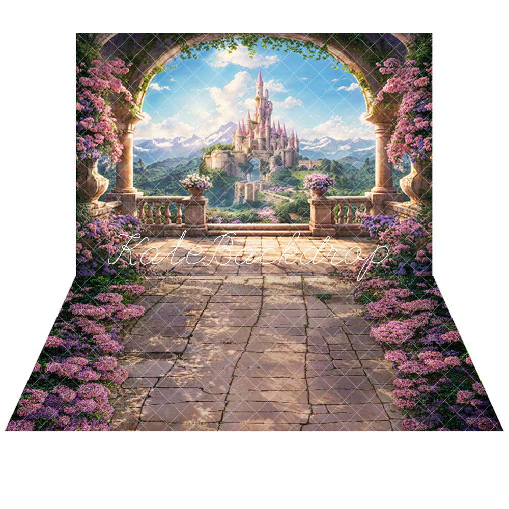 Kate Printemps Fleur Arche Balcon Château Toile de fond+Fleurs Chemin en pierre Sol Toile de fond - Kate Backdrop FR