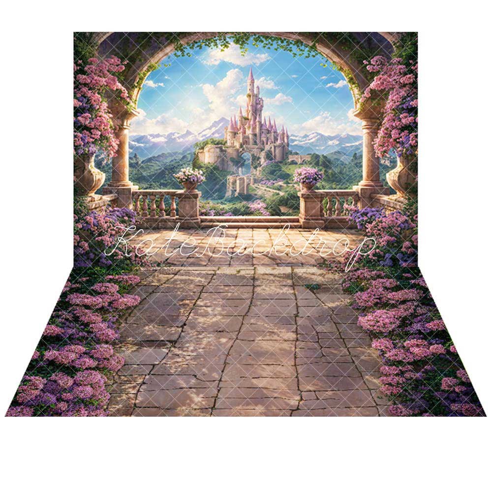 Kate Printemps Fleur Arche Balcon Château Toile de fond+Fleurs Chemin en pierre Sol Toile de fond