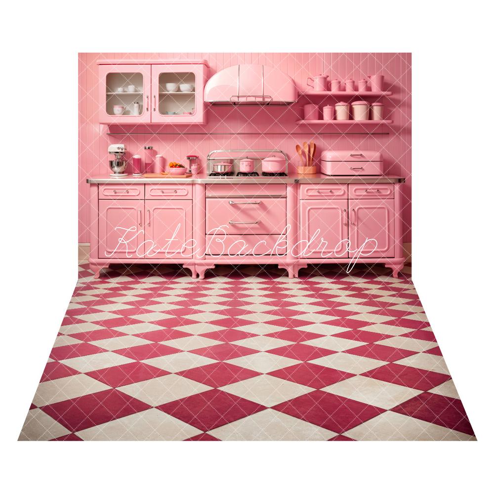 Kate Cuisine Moderne Rose Toile de fond+Classique Carreaux Rouge et Blanc Sol Toile de fond - Kate Backdrop FR