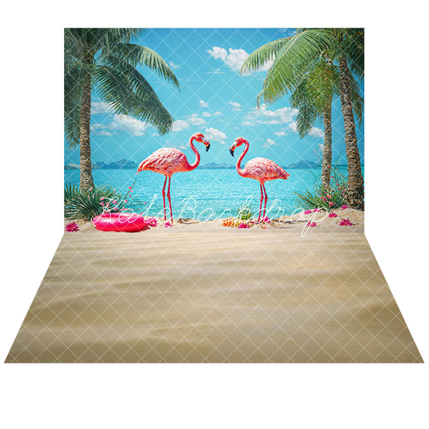 Kate Été Tropical Mer Plage Flamant Rose Toile de fond+Été Beige Plage de sable Sol Toile de fond