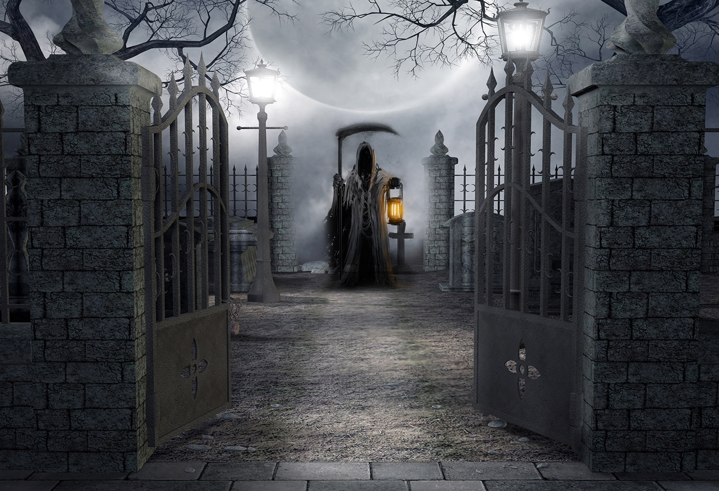 🚚RTS-Kate Halloween Cimetière Porte Lune Toile de fond pour la photographie
