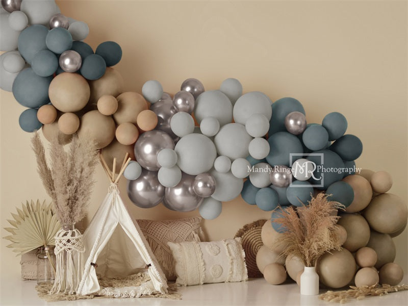 Offres Éclair-Kate Tente Boho Ballons Bleu & Brun Toile de fond en Laine conçue par Mandy Ringe - Kate Backdrop FR