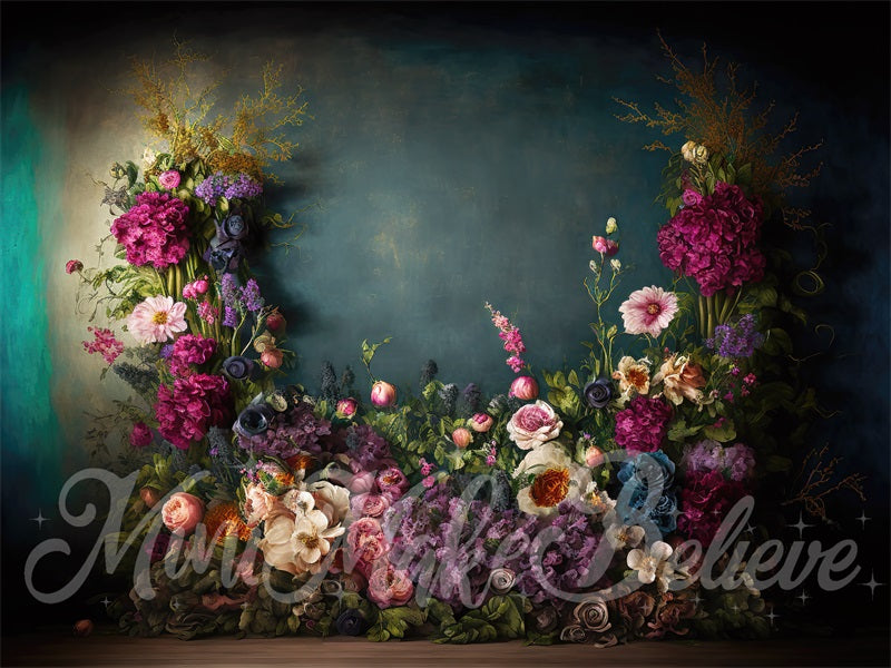 Offres Éclair-Kate Sarcelle foncée Fleurs Beaux-arts Toile de fond en Laine conçue par Mini MakeBelieve - Kate Backdrop FR