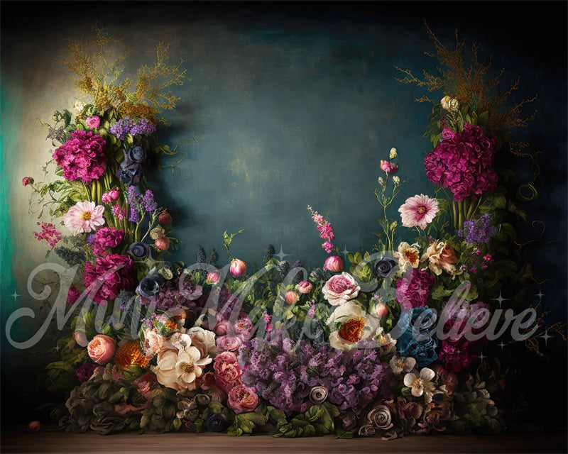 Offres Éclair-Kate Sarcelle foncée Fleurs Beaux-arts Toile de fond en Laine conçue par Mini MakeBelieve - Kate Backdrop FR