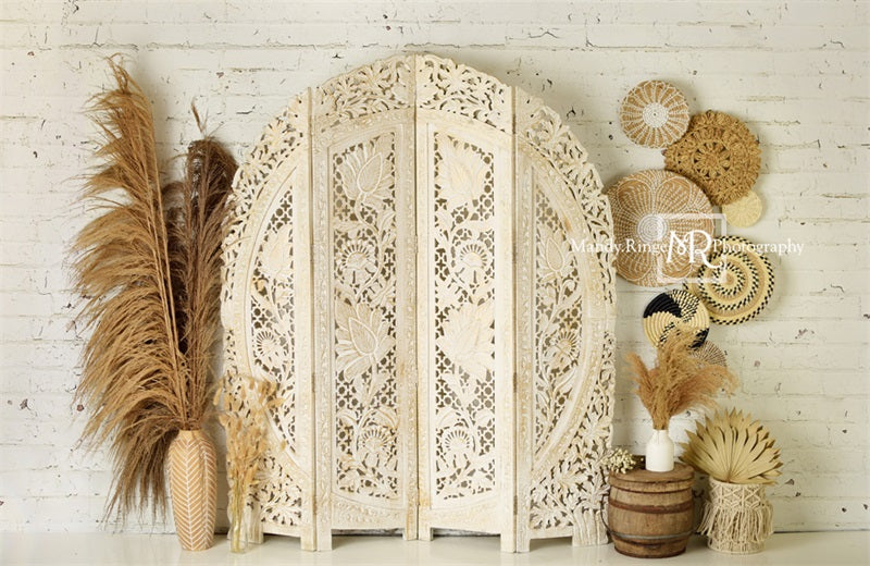 Kate Boho Herbe des pampas Beige Toile de fond en Laine conçue par Mandy Ringe - Kate Backdrop FR