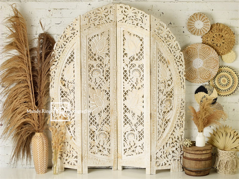 Kate Boho Herbe des pampas Beige Toile de fond en Laine conçue par Mandy Ringe - Kate Backdrop FR
