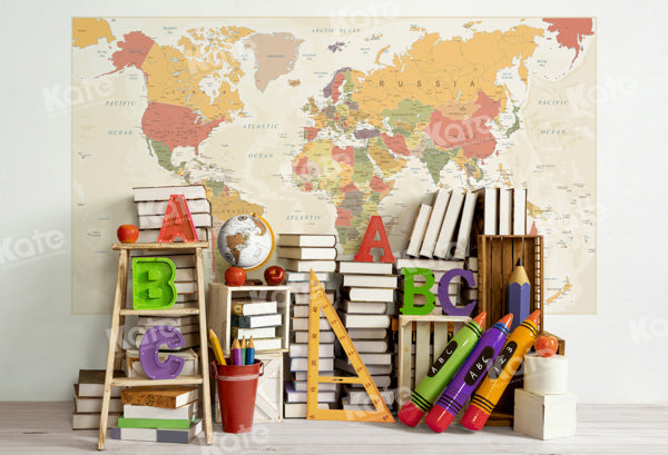 Kate Retour à l'école Carte du monde Livres Toile de fond conçu par Emetselch - Kate Backdrop FR
