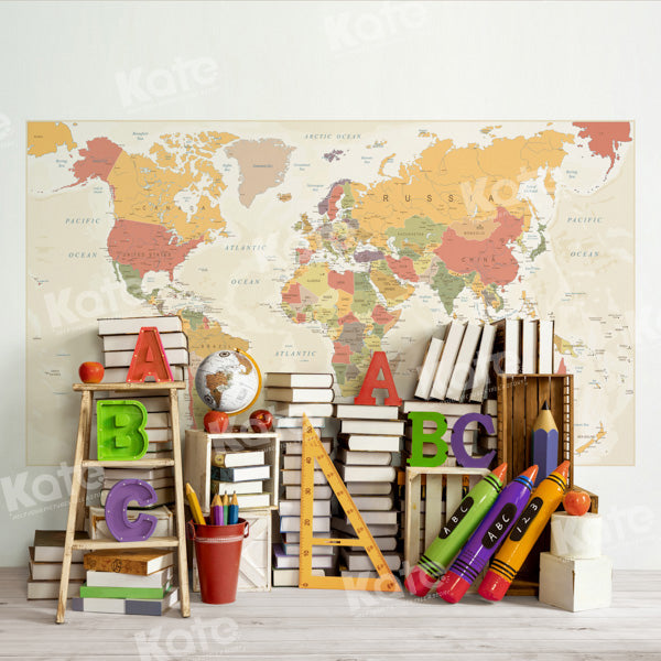 Kate Retour à l'école Carte du monde Livres Toile de fond conçu par Emetselch - Kate Backdrop FR