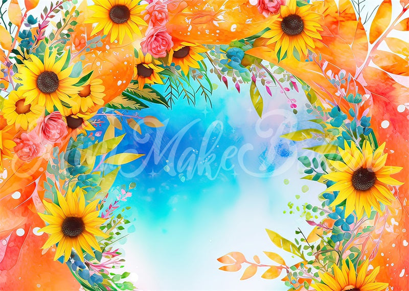 Kate Aquarelle peinte Ciel bleu Tournesols Toile de fond conçue par Mini MakeBelieve