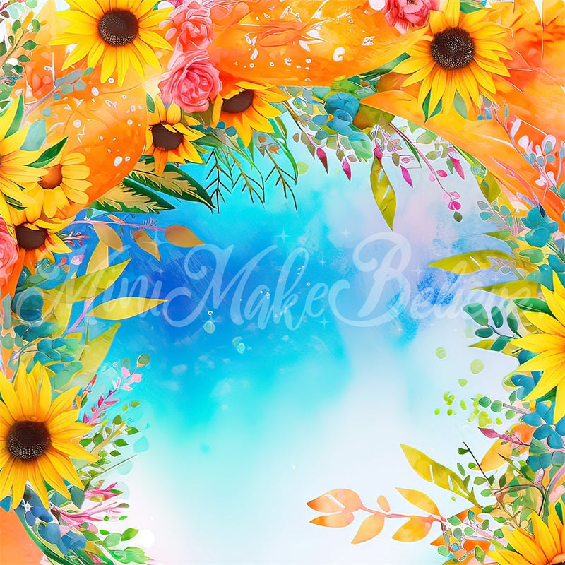 Kate Aquarelle peinte Ciel bleu Tournesols Toile de fond conçue par Mini MakeBelieve