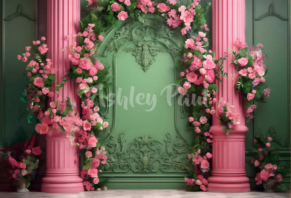 Kate Maison de poupée Fleurs Mur Vert Toile de fond conçu par Ashley Paul - Kate Backdrop FR
