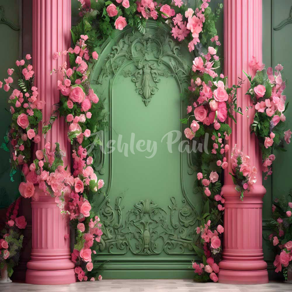 Kate Maison de poupée Fleurs Mur Vert Toile de fond conçu par Ashley Paul - Kate Backdrop FR