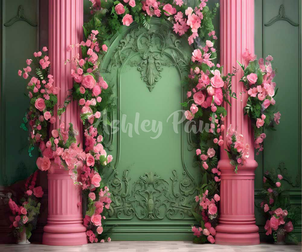 Kate Maison de poupée Fleurs Mur Vert Toile de fond conçu par Ashley Paul - Kate Backdrop FR