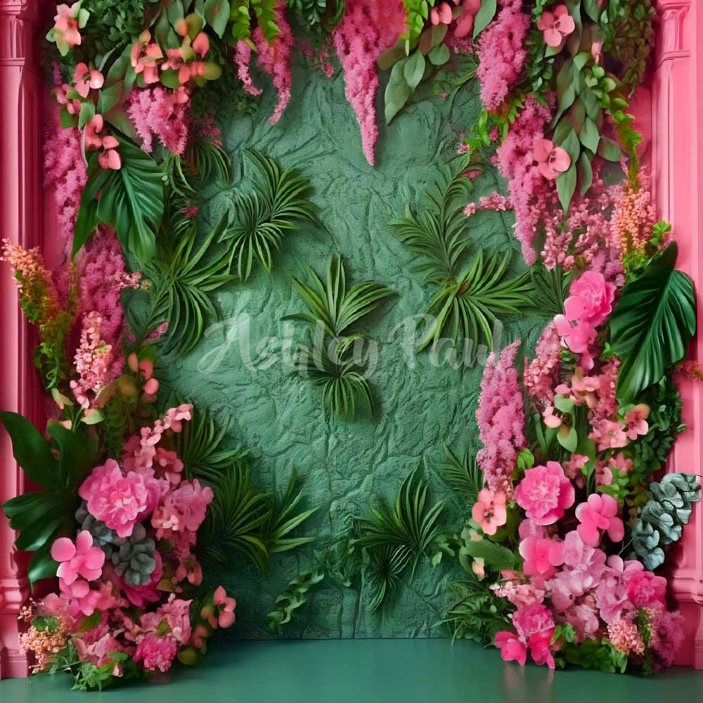 Kate Mur Tropical Vert Fleurs Rose Toile de fond conçu par Ashley Paul - Kate Backdrop FR