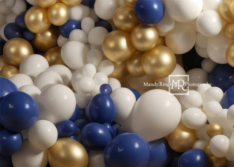 Kate Bleu Blanc Doré Ballons Anniversaire Toile de fond conçue par Mandy Ringe