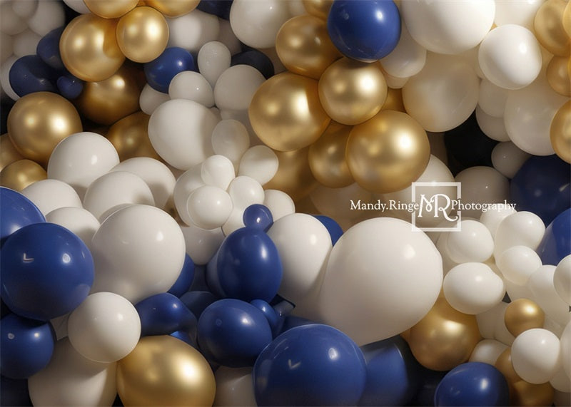 Kate Bleu Blanc Doré Ballons Anniversaire Toile de fond conçue par Mandy Ringe - Kate Backdrop FR