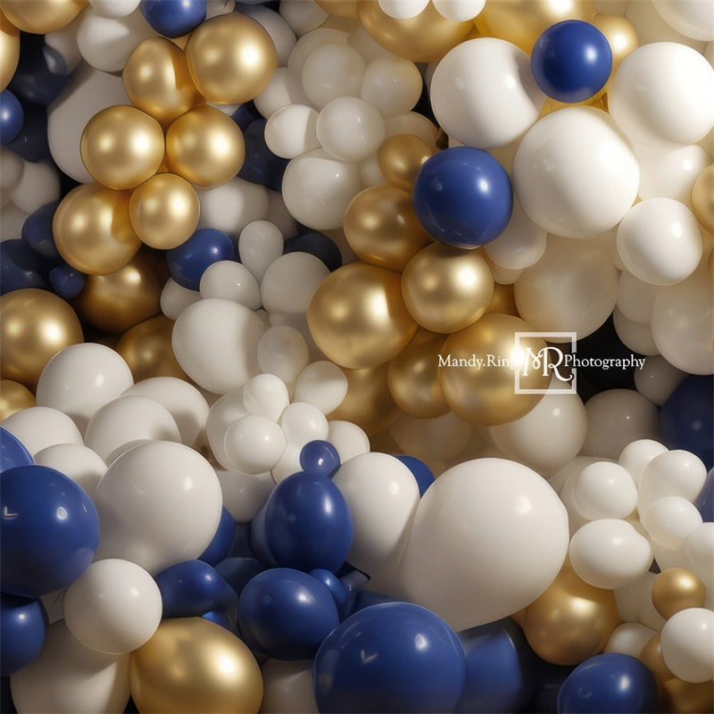 Kate Bleu Blanc Doré Ballons Anniversaire Toile de fond conçue par Mandy Ringe - Kate Backdrop FR