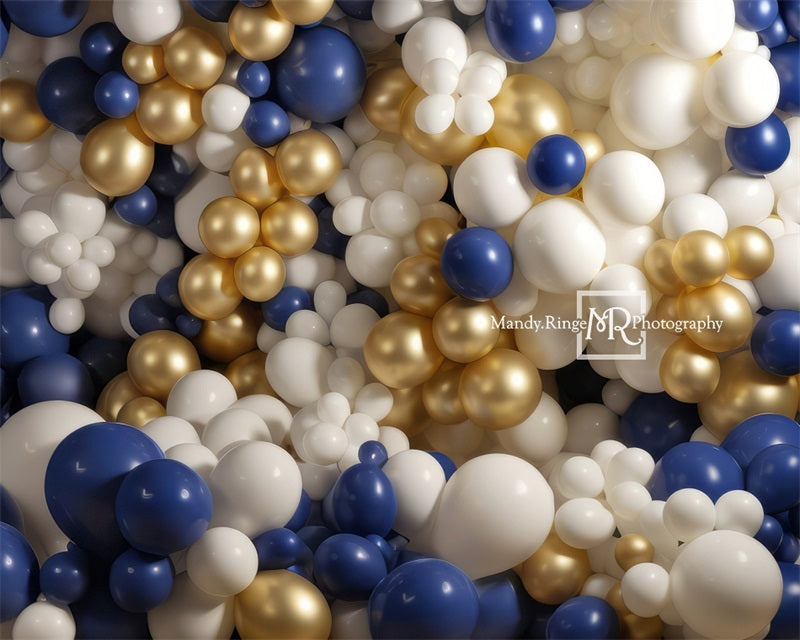 Kate Bleu Blanc Doré Ballons Anniversaire Toile de fond conçue par Mandy Ringe - Kate Backdrop FR
