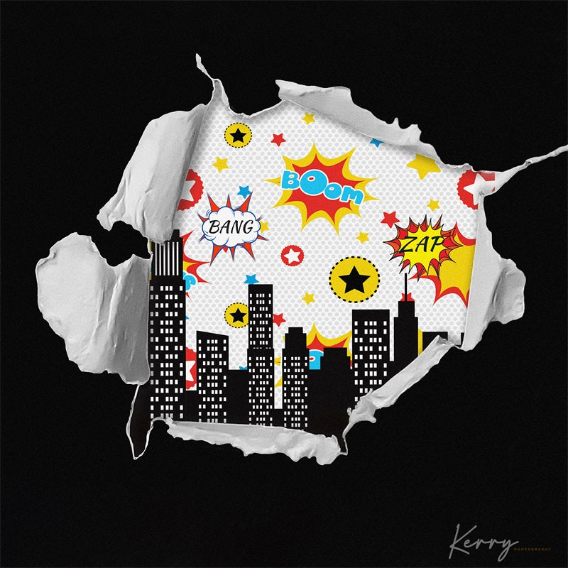 Kate Super-héros Ville Bâtiment Noir Toile de fond conçue par Kerry Anderson - Kate Backdrop FR