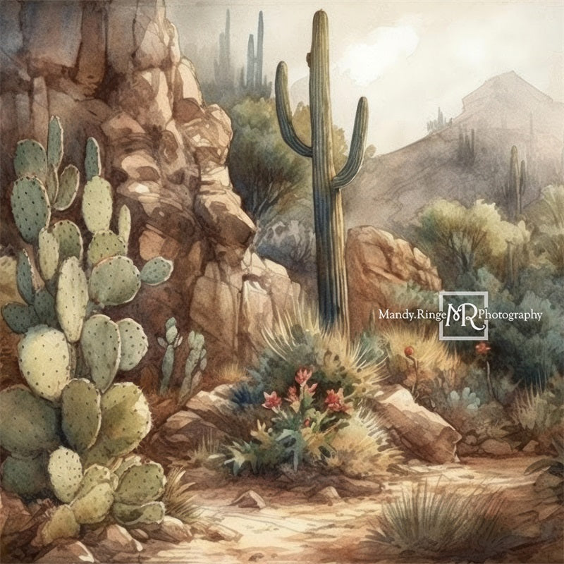 Kate Aquarelle Désert Cactus Montagnes Toile de fond conçue par Mandy Ringe