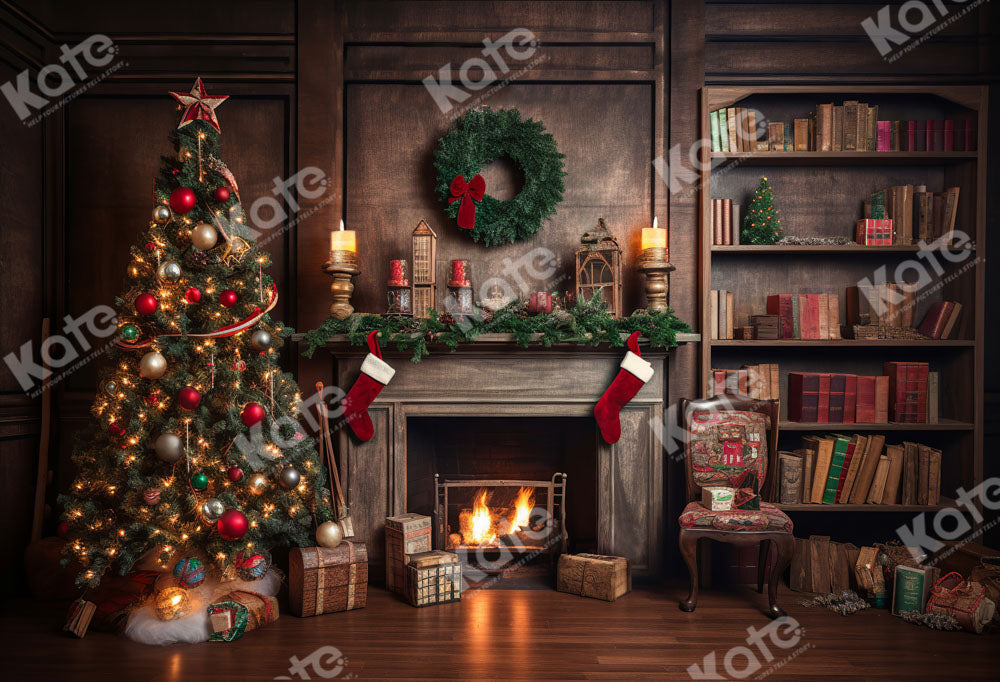 Kate Rétro Sapin de Noël Cheminée Livres Toile de fond pour la photographie - Kate Backdrop FR