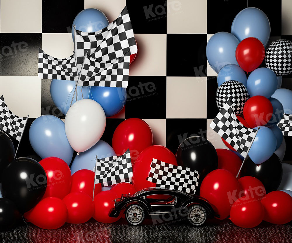Kate Anniversaire Ballons Grille noir et blanc Toile de fond pour la photographie - Kate Backdrop FR