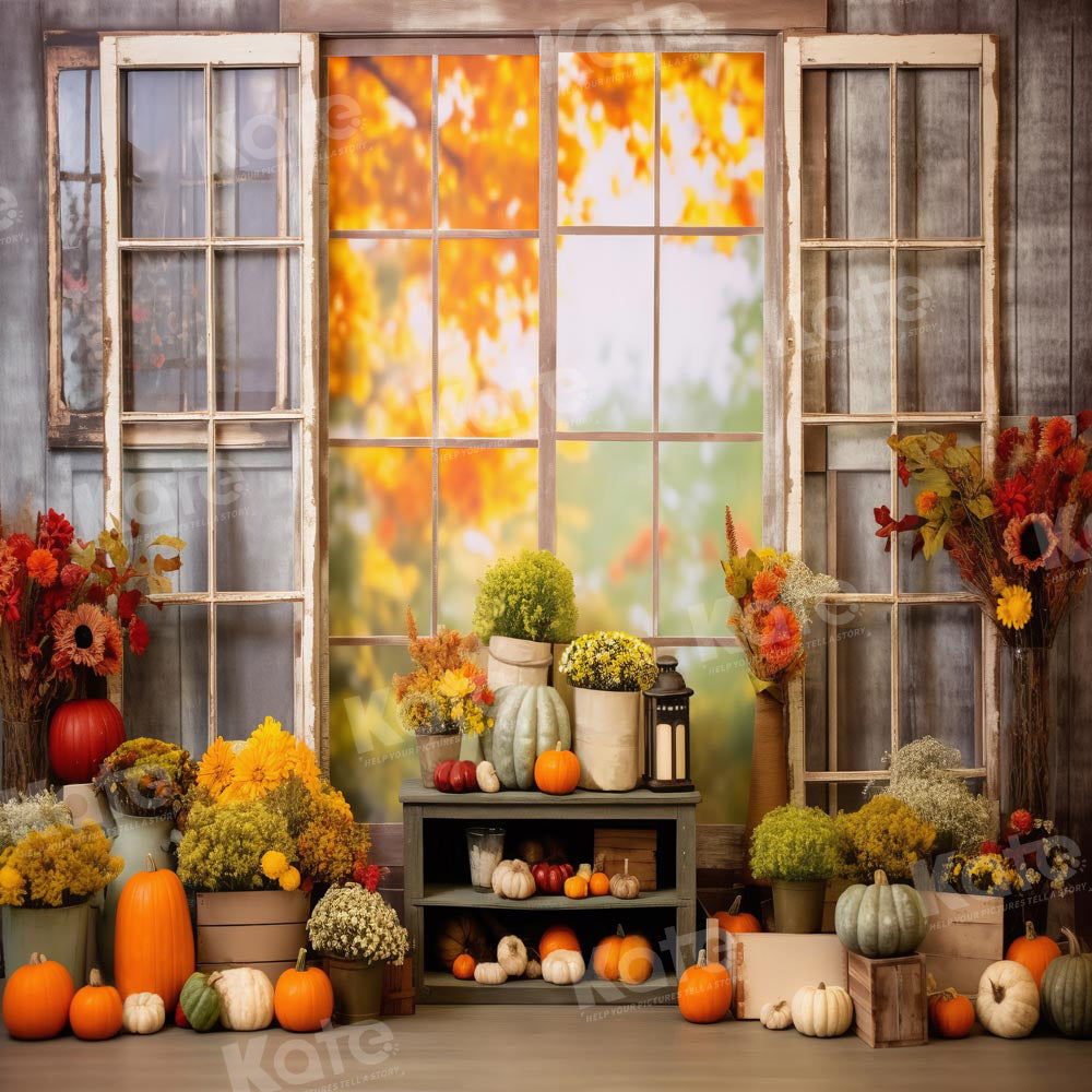 Kate Automne Citrouille Fenêtre Bois Toile de fond Conçu par Chain Photographie - Kate Backdrop FR