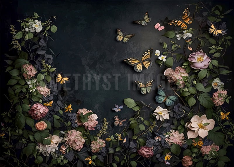 Kate Gris foncé Floral Papillons Toile de fond conçu par Angela Marie Photographie