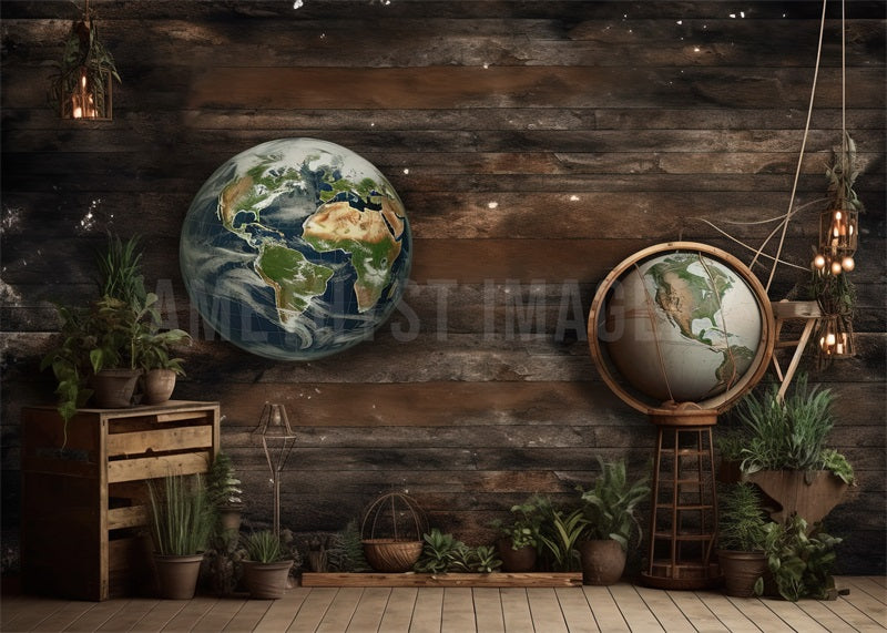 Kate Globe terrestre Brun Bois Toile de fond conçu par Angela Marie Photographie - Kate Backdrop FR