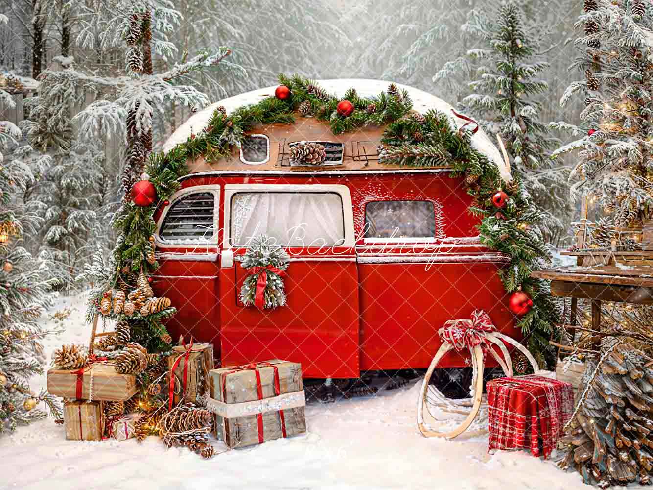 Kate Noël Voiture Rouge Cadeaux Arbres Toile de fond pour la photographie - Kate Backdrop FR