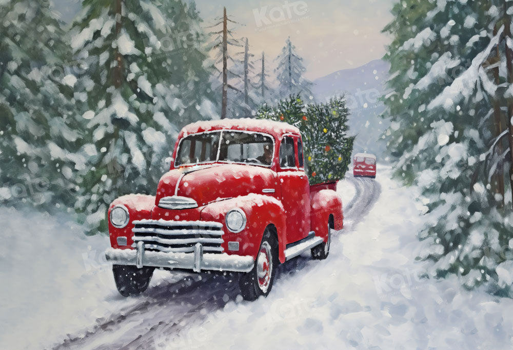 Kate Neige Voiture Rouge Arbres Toile de fond Conçu par Chain Photographie - Kate Backdrop FR