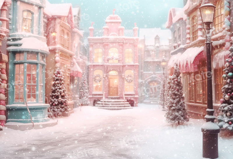 Kate Rose Noël Ville Rue Neige Bonbons Toile de fond pour la photographie - Kate Backdrop FR