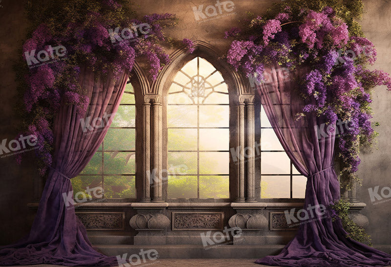 Kate Rétro Fenêtre Violet Floral Toile de fond pour la photographie