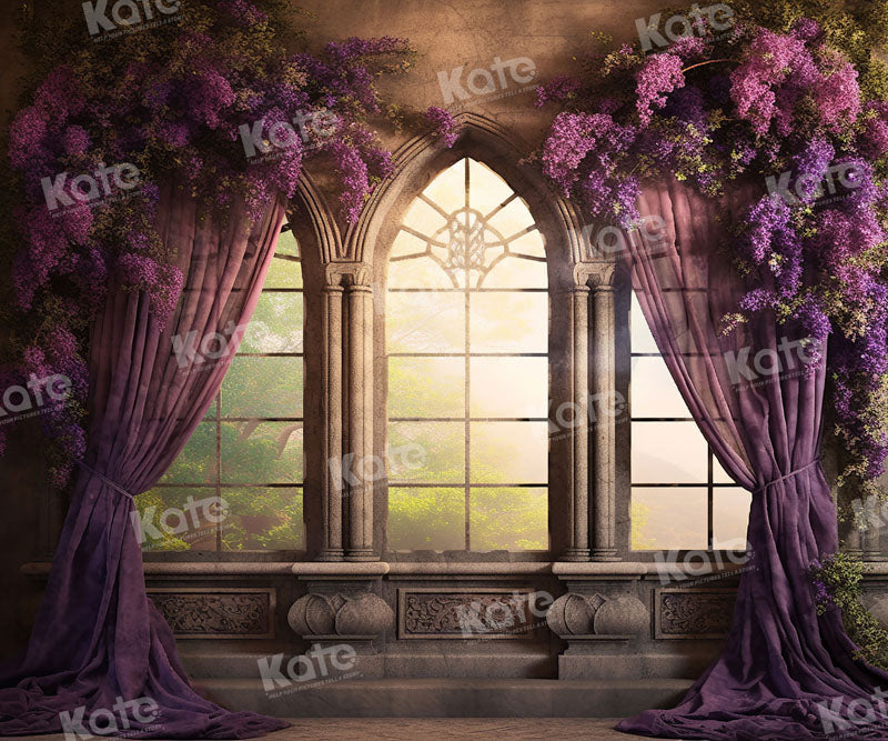Kate Rétro Fenêtre Violet Floral Toile de fond pour la photographie
